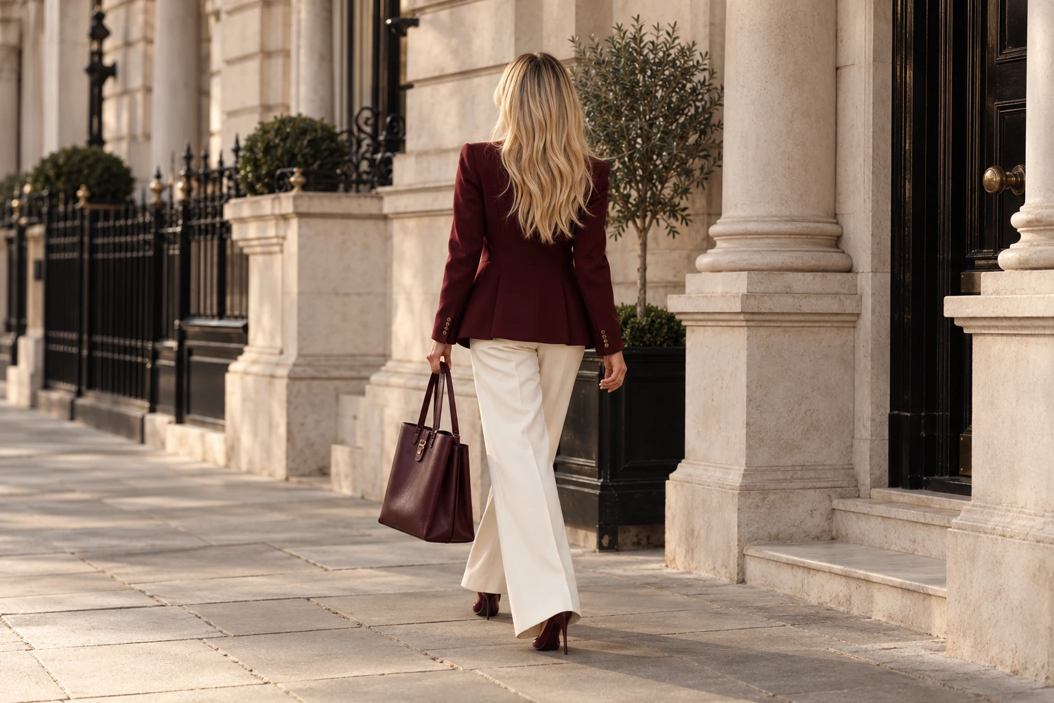 Walking through London in a burgundy blazer